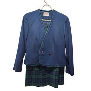 Vintage Pendleton Women's Wool Plaid Tartan Green Blue Skirt Blazer Suit Size 6